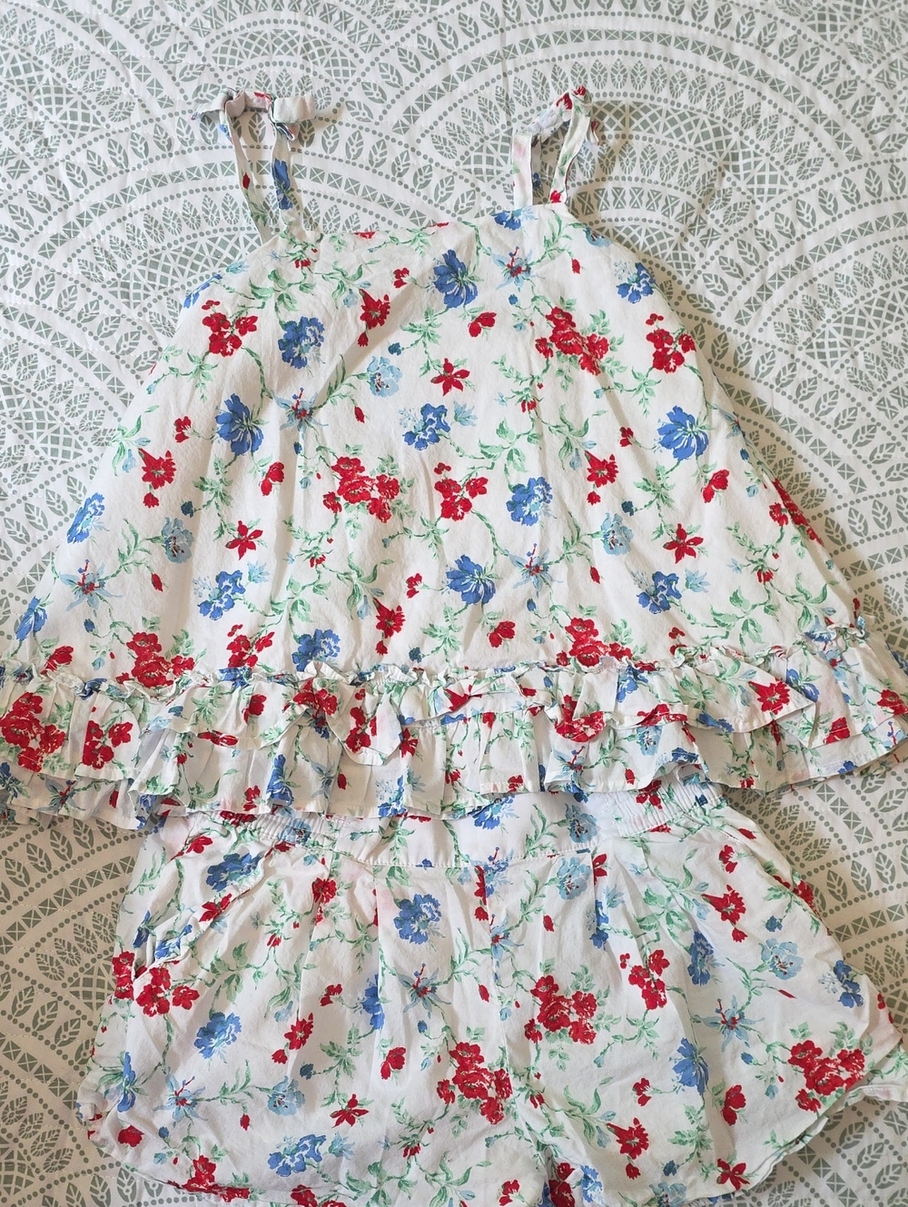 Janie and Jack Cream Floral Top Shorts Set with Red, Blue, and Green Details